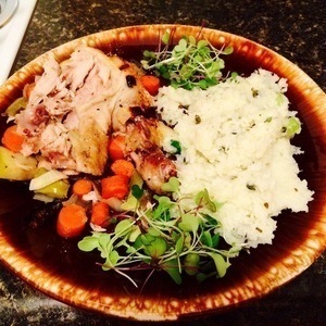 Chicken, cauliflower mash, cooked carrots and sprouts